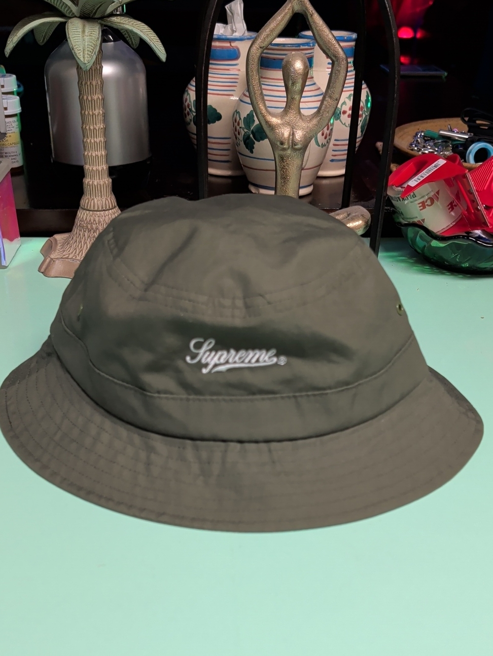 Supreme Olive Bucket Hat with White Logo